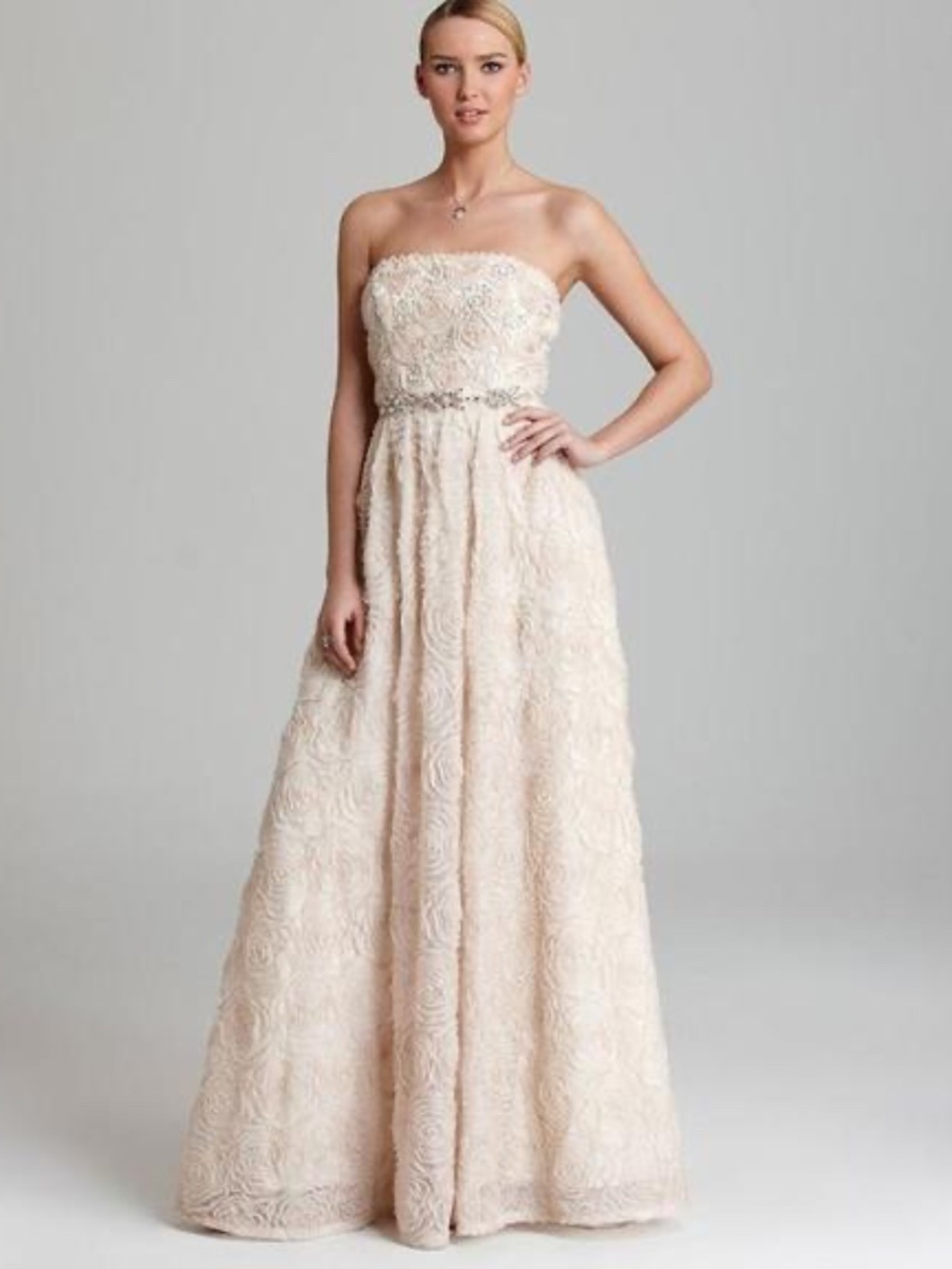 Adrianna Papell Blush Pink Strapless Soutache Rosette Tulle Gown Dress Size 8